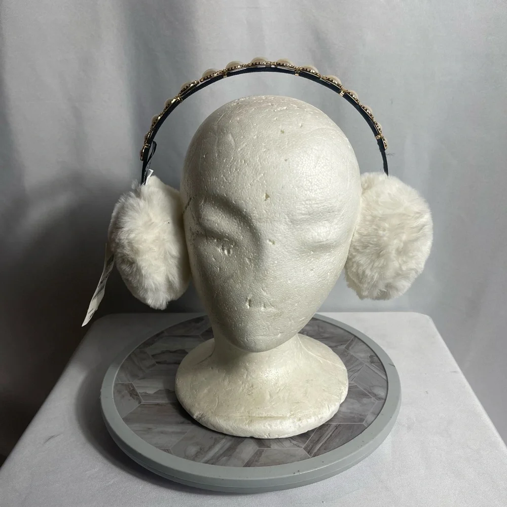INC International Concepts Faux Fur Pearl Headband Earmuffs Ivory One Size NWT